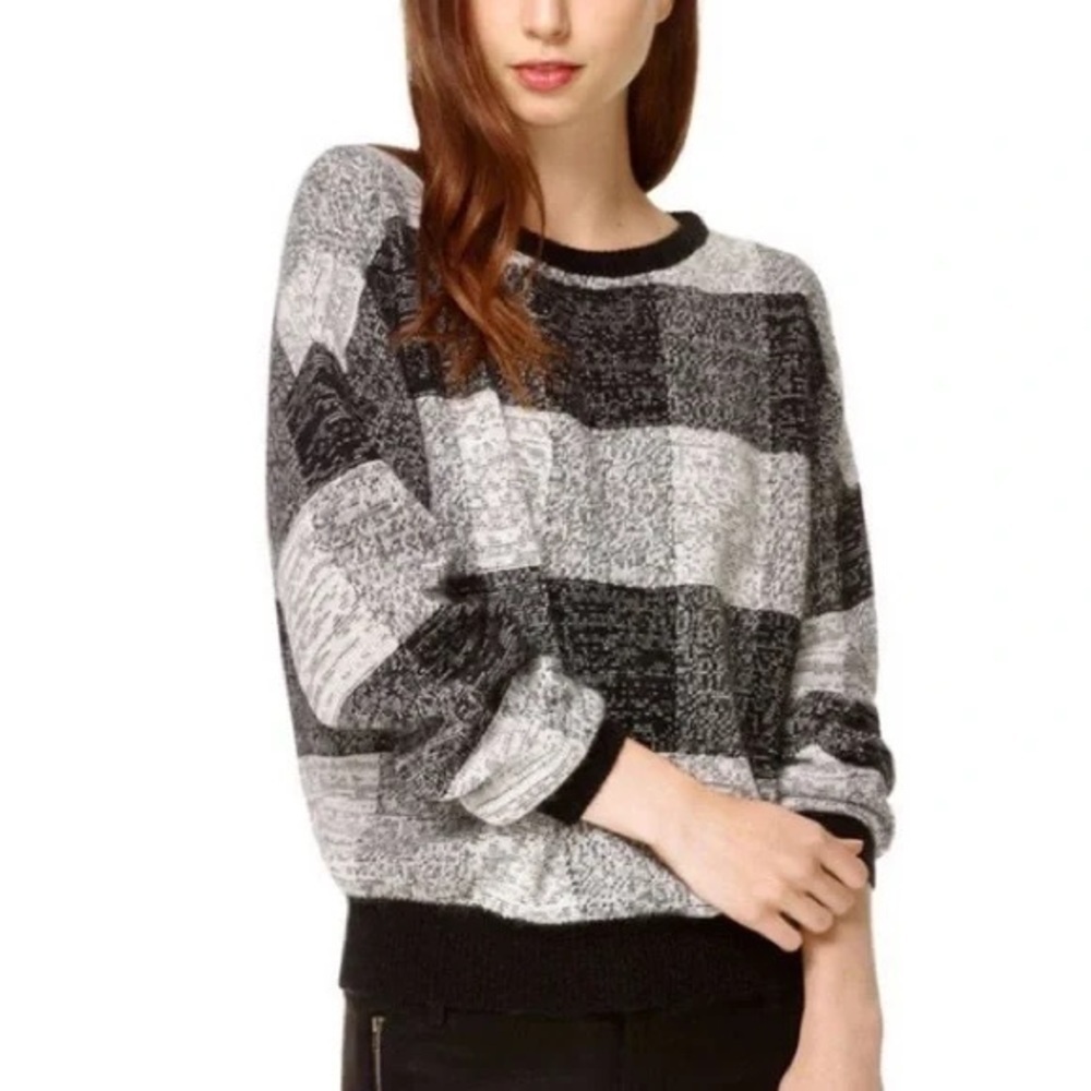 TNA Angora Cashmere Blend Plaid Sweater Black Gray Sz XXS